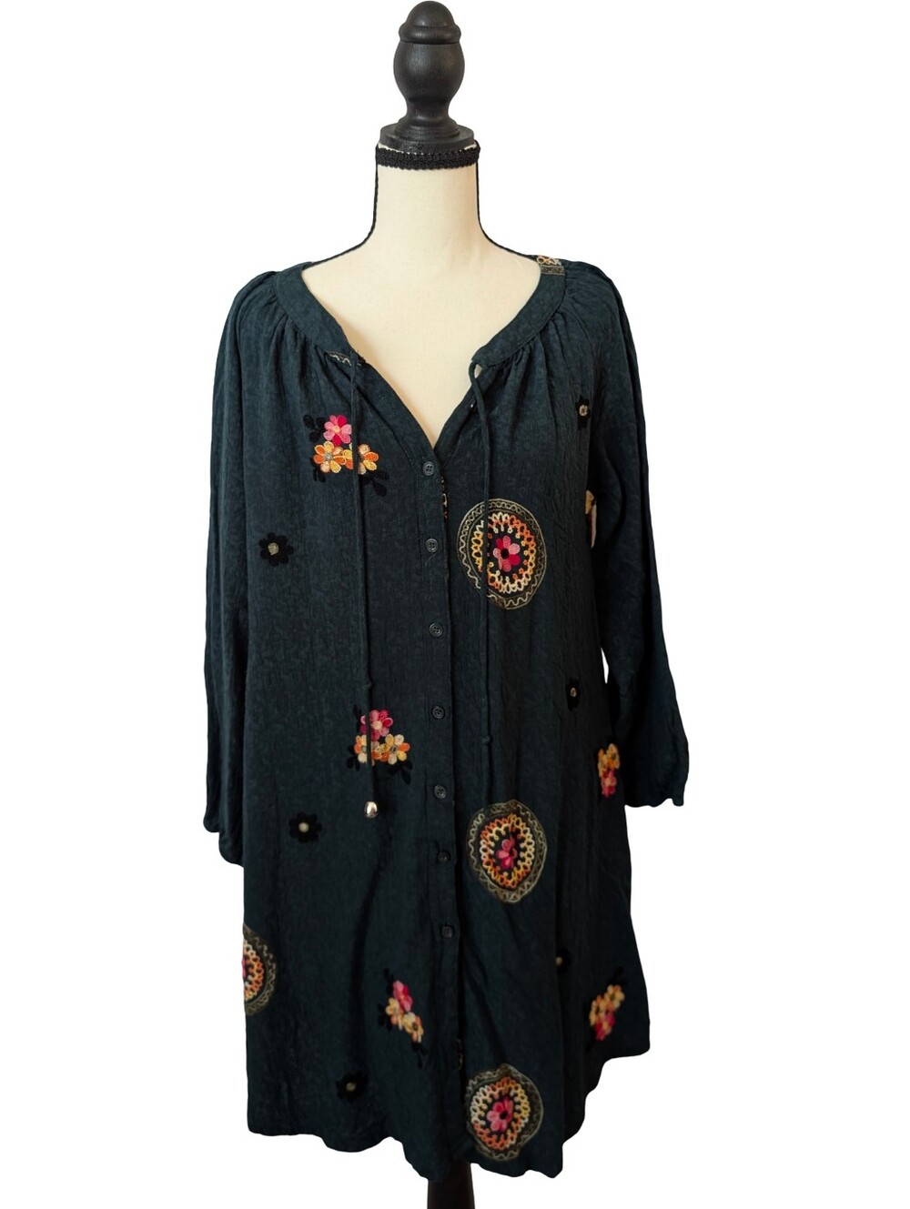 Boho Embroidered Dark Teal Button-Front Shirt Dress Size Large